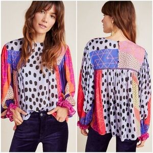 Bl-nk London Anthropologie Miranda Peasant Blouse Patchwork Boho Dots Size Large